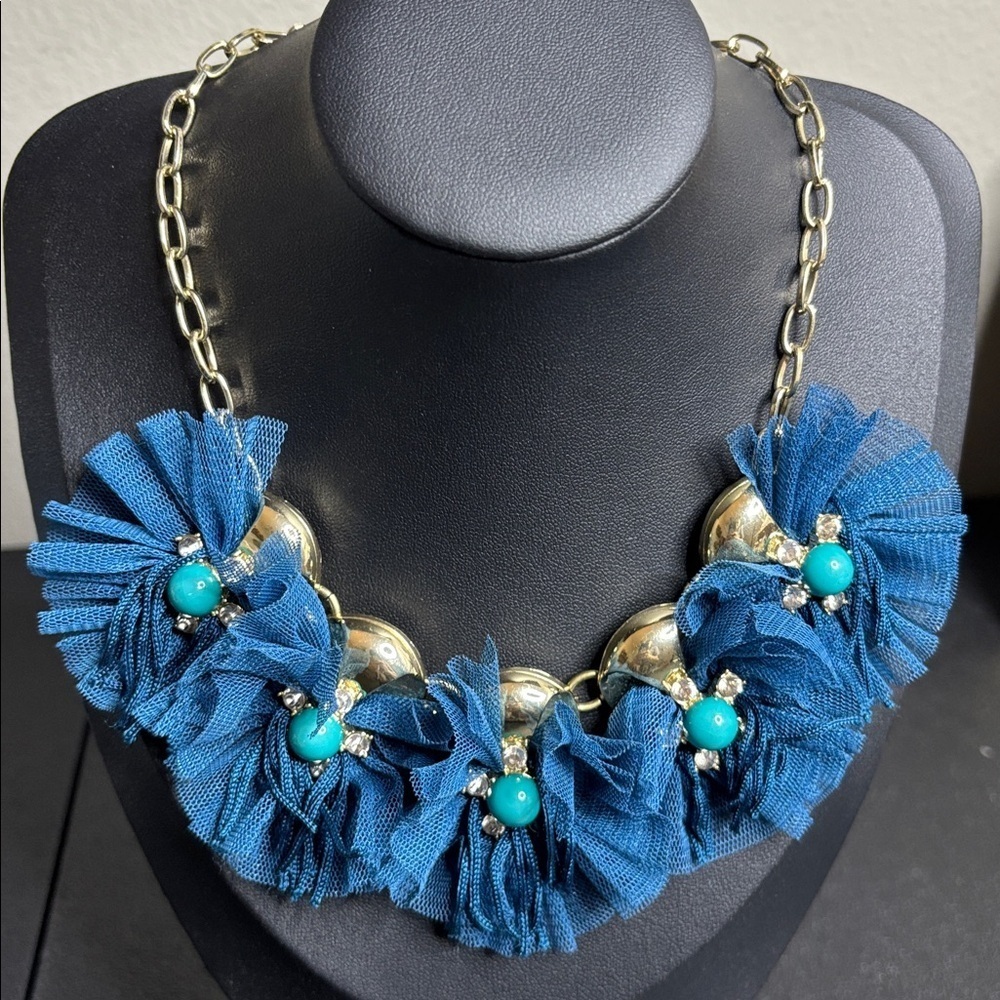 SUGARFIX BLUE Tutu LACE FLOWERS Rhinestone Statement BIB NECKLACE Gold Tone - Picture 1 of 8